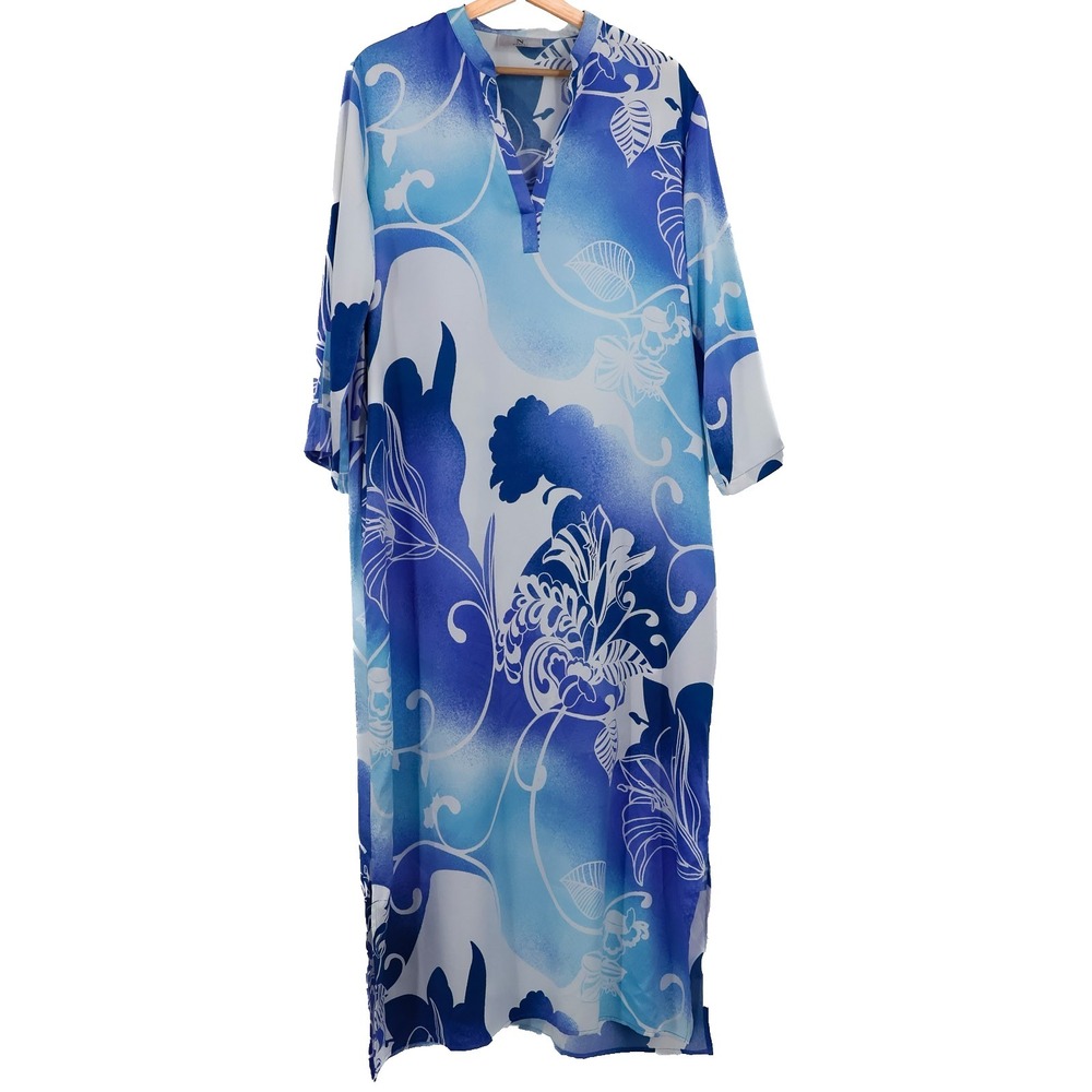 Natori Kaftan Dress Blue Floral Nouveau‎ Blue Maxi Lounge M Resort Wear Designer